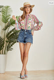 Balloon Sleeve Floral Print Button-Up Blouse - Mint/Pink