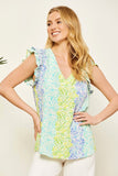 Posy Bouquet Ruffle Sleeve Blouse - Mint/Purple