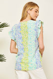 Posy Bouquet Ruffle Sleeve Blouse - Mint/Purple