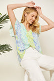 Posy Bouquet Ruffle Sleeve Blouse - Mint/Purple