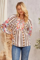 SJ Babydoll Tassel Aztec Embroidered Top - Taupe