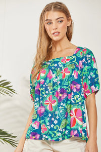 Square Neckline Tie Back Floral Blouse - Teal