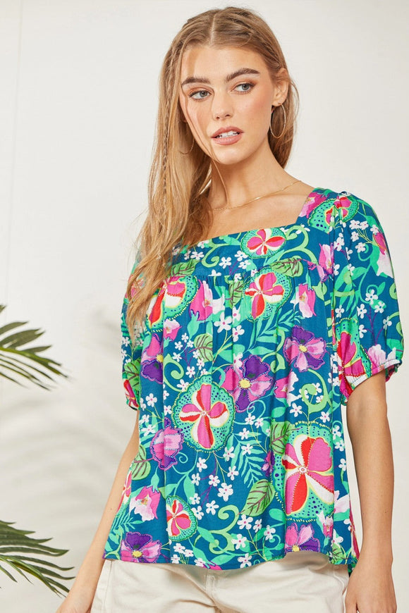 Square Neckline Tie Back Floral Blouse - Teal