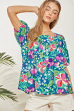 Square Neckline Tie Back Floral Blouse - Teal