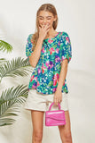 Square Neckline Tie Back Floral Blouse - Teal