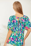 Square Neckline Tie Back Floral Blouse - Teal