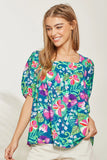 Square Neckline Tie Back Floral Blouse - Teal