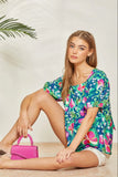 Square Neckline Tie Back Floral Blouse - Teal