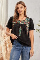 SJ Puff Short Sleeve Embroidered Babydoll Top - Black