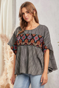 Aztec Embroidered SJ Poncho Top - Black Stripe