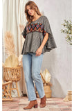 Aztec Embroidered SJ Poncho Top - Black Stripe
