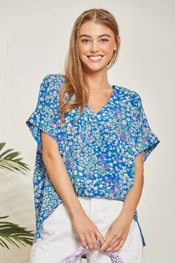 Dolman Sleeve Floral Print V-Neck Blouse
