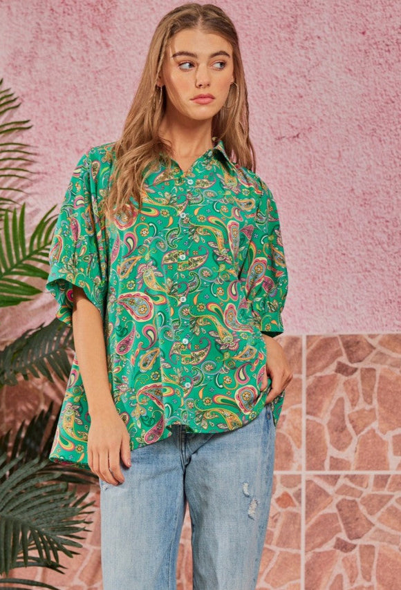 Short Puff Sleeve Button-Up Blouse - Paisley Emerald