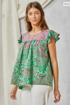 Colette Embroidered Babydoll Top - Jade Fuchsia