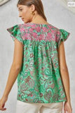 Colette Embroidered Babydoll Top - Jade Fuchsia
