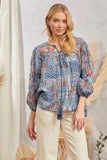 Tassel Tie 3/4 Sleeve Embroidered Striped Babydoll Top - Blue