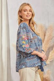 Tassel Tie 3/4 Sleeve Embroidered Striped Babydoll Top - Blue