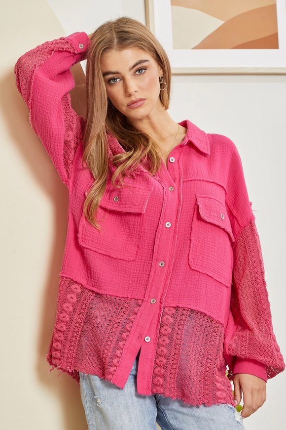 Double Pocket Lace Accent Gauzy Button-Up Top - Fuchsia