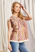 SJ Aztec Inspired Crochet Trimmed Cap Sleeve Top - Magenta
