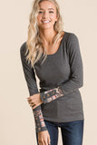 Ribbed Mixed Print Button Cuff Top - Charcoal