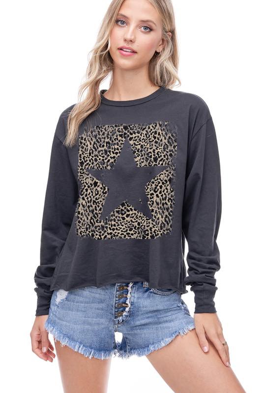 Leopard Shadow Star Cropped Pullover - Charcoal
