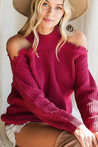 Distressed Cutout Shoulder Sweater Top - Burgundy