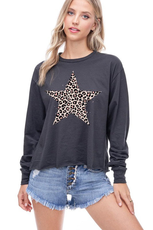 Leopard Star Cropped Pullover - Charcoal