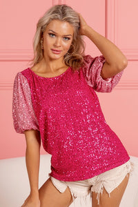 Puff Sleeve Sequin Colorblock Top - Pink/Fuchsia