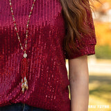 Vertical Sequin Stripe Short Sleeve Top - Burgundy