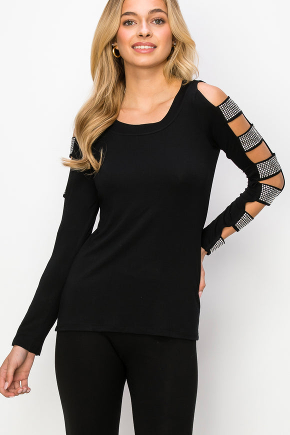 Stone Accent Ladder Sleeve Top - Black