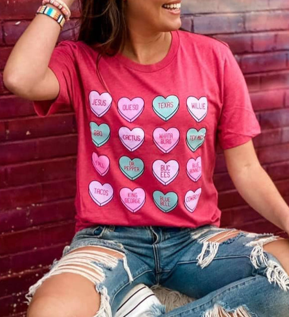Texas Candy Hearts Graphic Tee - Heather Pink