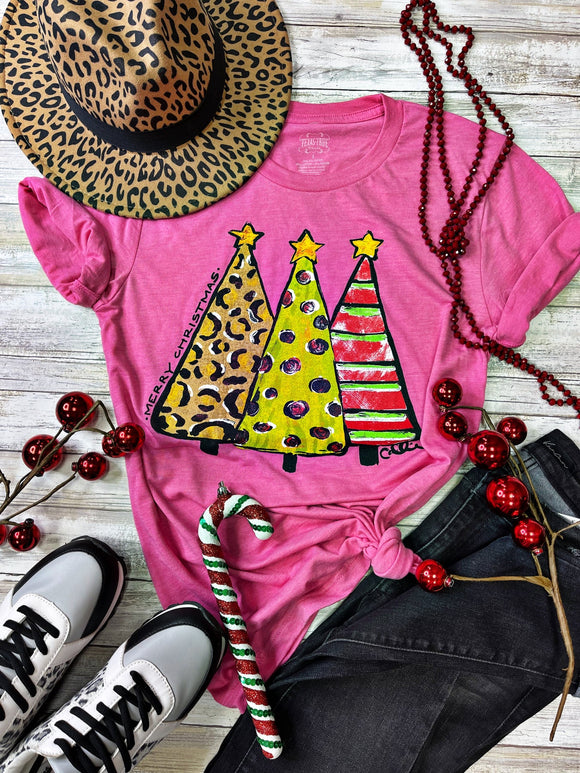 Callie Ann Patterned Christmas Trees Graphic Tee - Pink