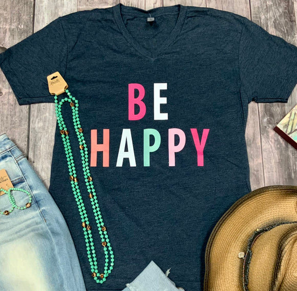 BE HAPPY Graphic Tee - Heather Navy