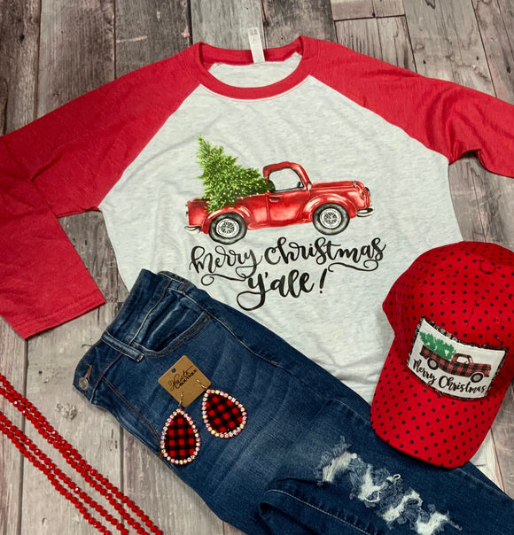 Merry Christmas Y'all Vintage Truck Raglan Graphic Tee - Red