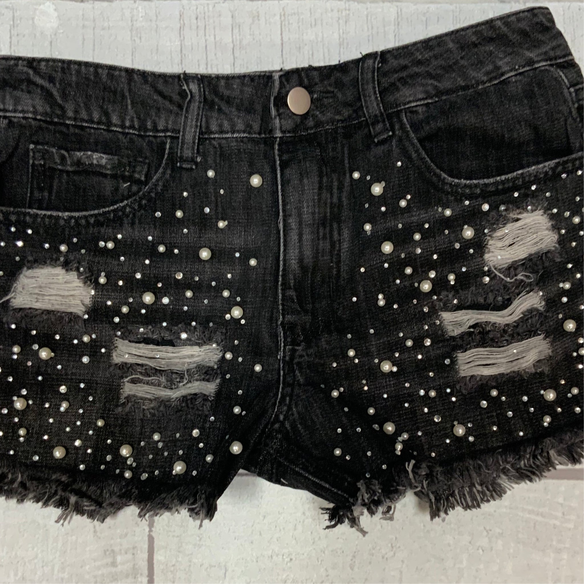 Alverita Mid-Rise Rhinestone & Pearl Embellished Shorts (Light Denim) ·  NanaMacs