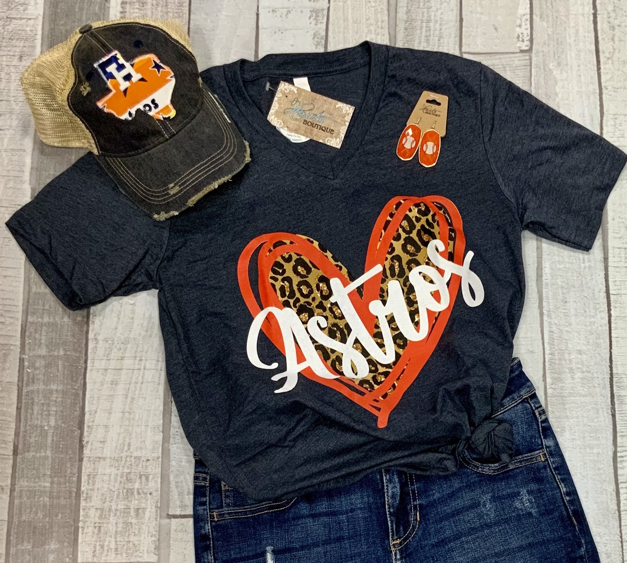 Astros Leopard Heart Graphic Tee Navy