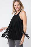 Faux Suede Halter Tank with Long Fringe