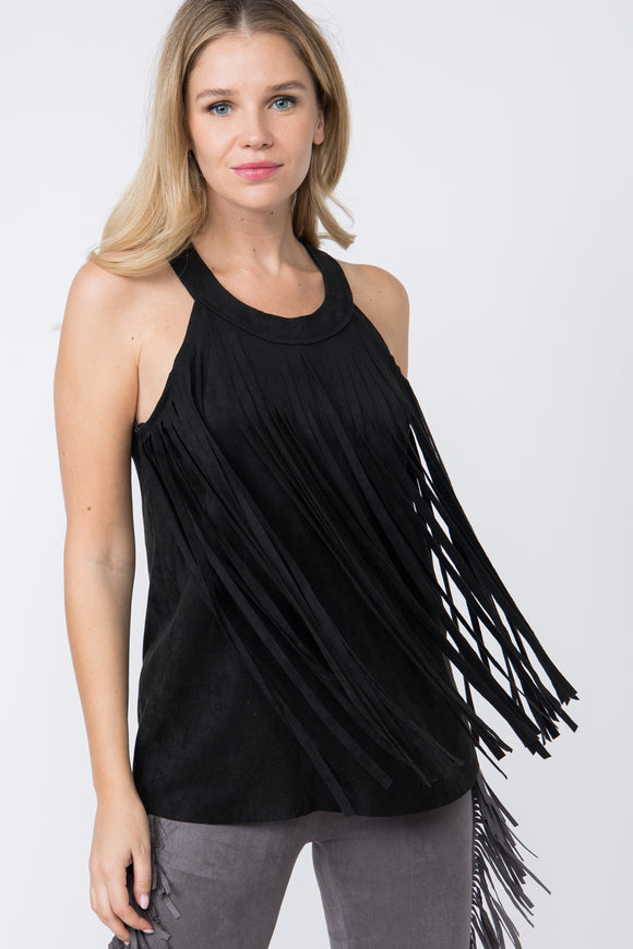 Faux Suede Halter Tank with Long Fringe