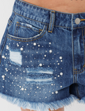 Pearl and Stone Embellished Denim Shorts