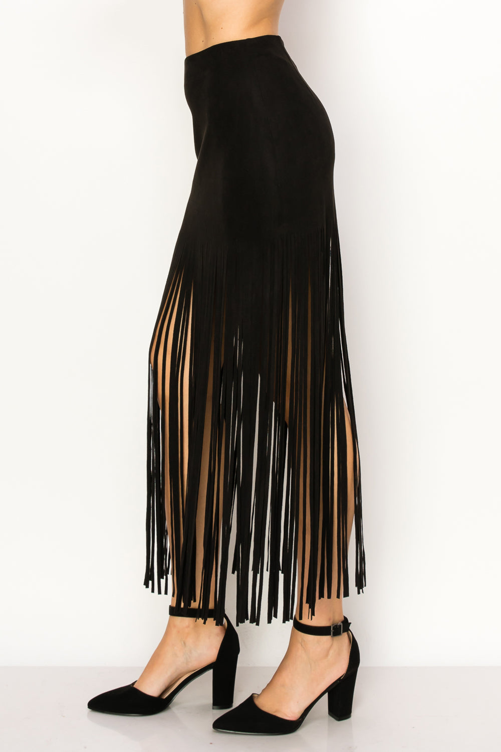 Faux Suede Fringe Maxi Skirt Black Haute Boutique