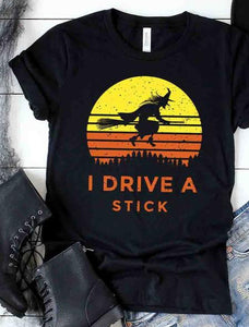 I Drive a Stick Witch Graphic Tee - Black