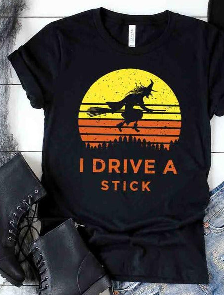 I Drive a Stick Witch Graphic Tee - Black