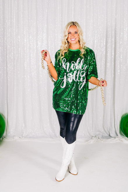 white christmas dresses Sequin Shimmer Holly Jolly Christmas Tunic Top (PLUS)