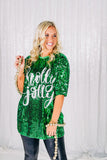 Sequin Shimmer Holly Jolly Christmas Tunic Top (PLUS) - Green