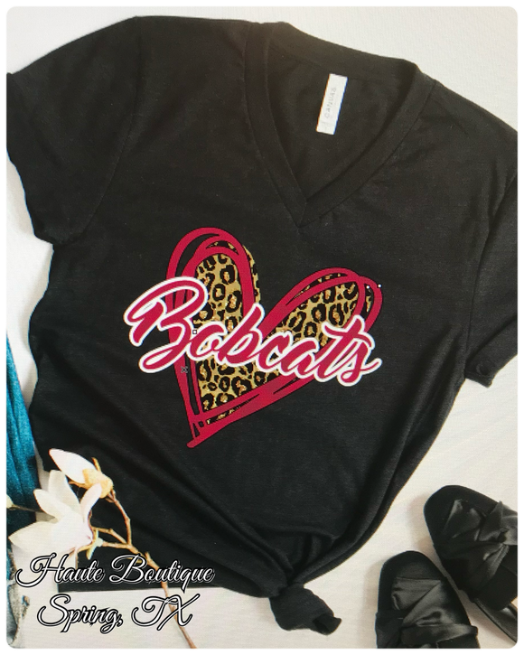 Bobcats Leopard Heart Graphic Tee - Heather Black