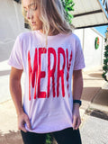 MERRY Graphic Christmas Tee - RED/GREEN/PINK