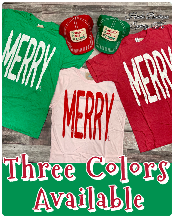 MERRY Graphic Christmas Tee - RED/GREEN/PINK