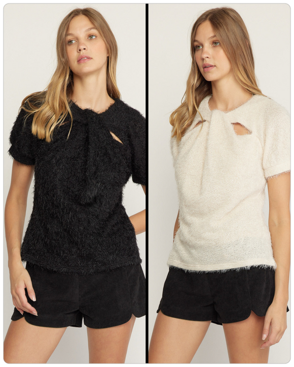 Fuzzy Short Sleeve Fitted Sweater