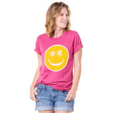 Flower Eyes Happy Face Graphic Tee - Pink